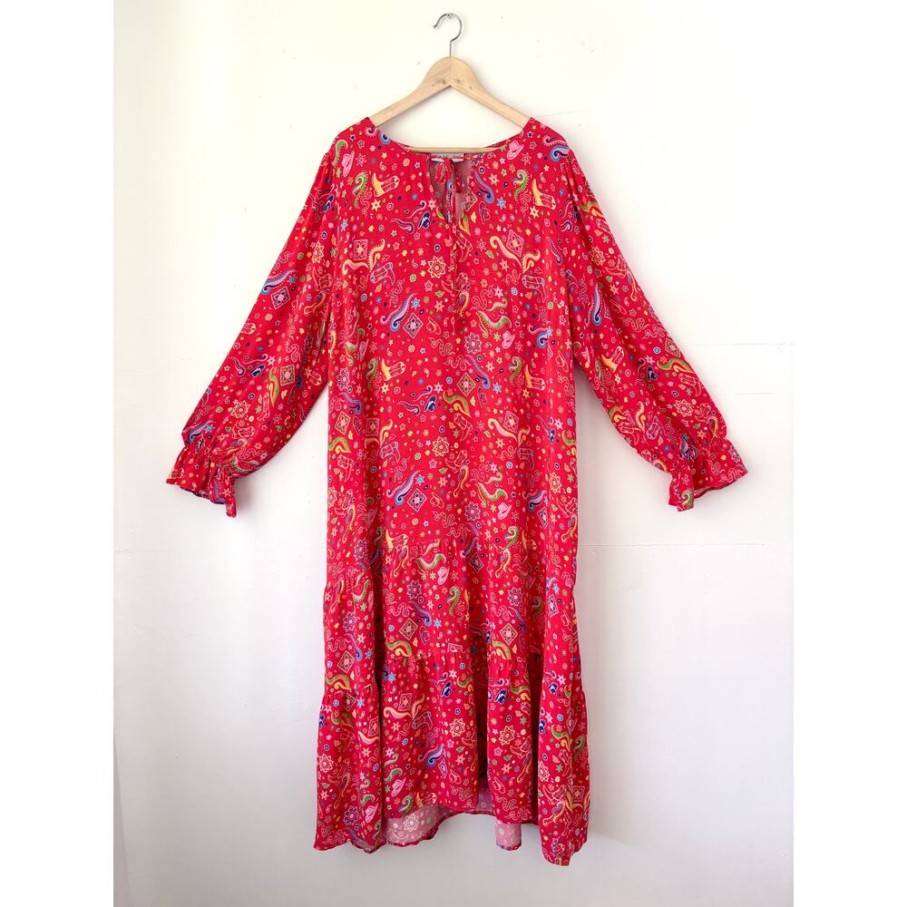 Never Fully Dressed Red Dolly Western Print Flowy Midi Dress- Plus Size 14